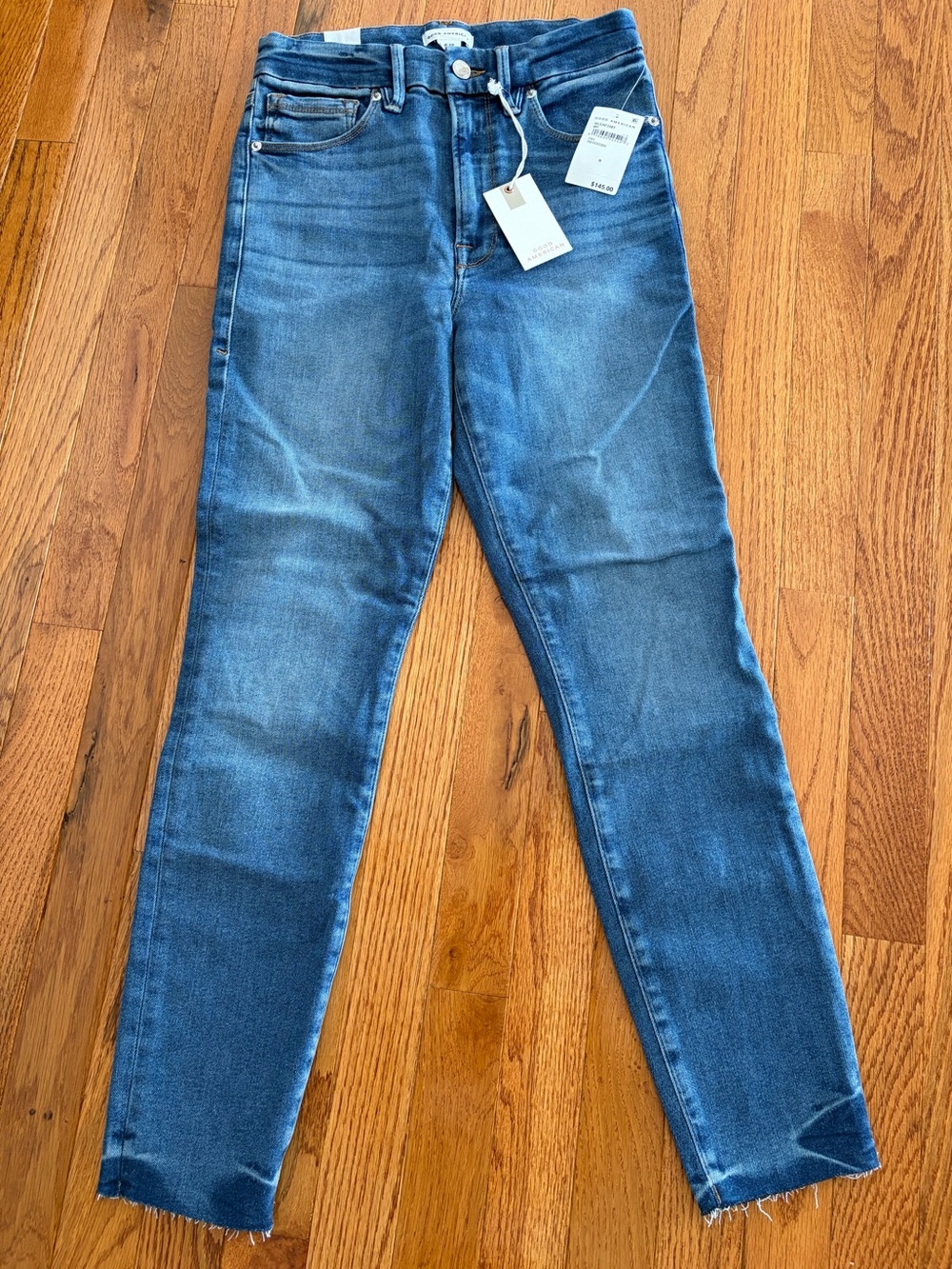 Good American High-Rise Slim Straight Jeans in Medium Blue
